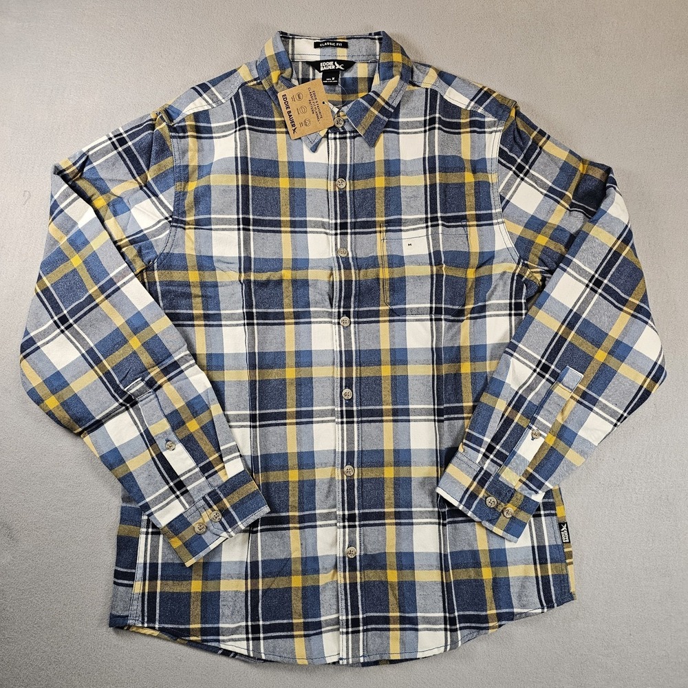Eddie Bauer Eddie's Favorite Flannel Men's M Classic Fit Plaid Blue Yellow NWT